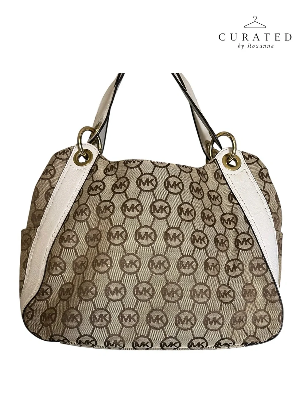 Michael Kors Signature MK Logo Drawstring Bucket Bag White Leather Trim/hardware